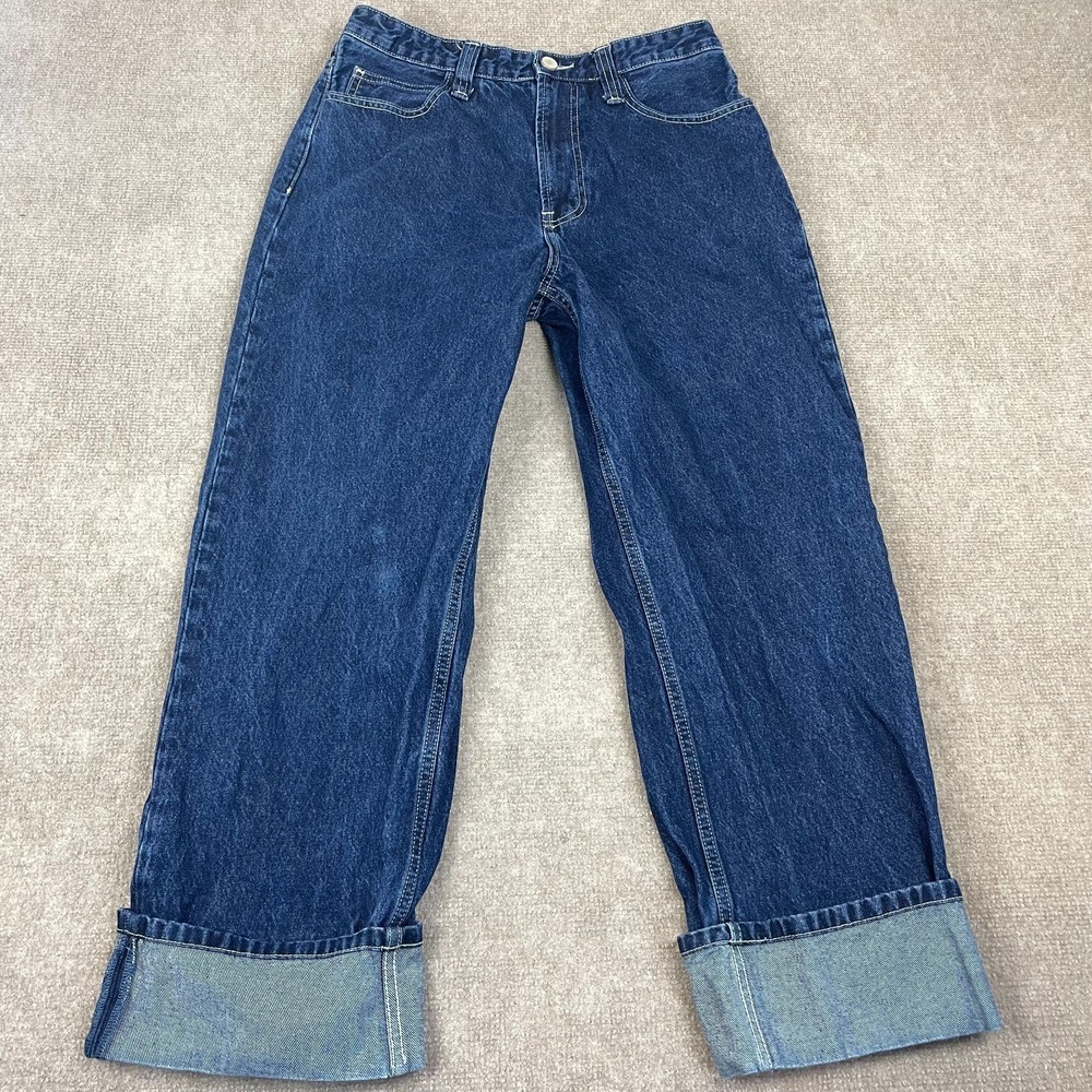 Bershka Jeans Womens 31 Blue Dark Wash Denim Cuffed Hem High Rise Straight Leg